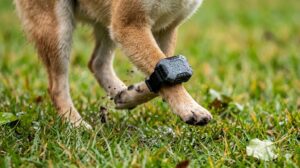 o 雨上がりの濡れた草むらを走る犬の足元と、水滴がついても動作し続ける頑丈な犬用GPS端末。
