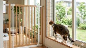 窓辺で外を眺める猫と、室内に設置された脱走防止ゲート、そして首輪につけられた迷子札。愛猫を脱走から守るための総合的な対策のイメージ。