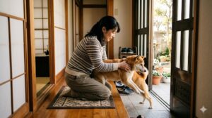 玄関で犬の脱走を防ごうとする女性と犬