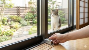 日本の住宅のスライド式サッシ窓に取り付けられた、防犯・脱走防止用の小さな金属製補助錠。