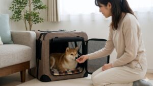 日本の住宅のリビングで、日本人飼い主が、開いたキャリーケースの中に柴犬が入ってリラックスしている様子を見守りながら、キャリーを普段使いして慣れさせている。