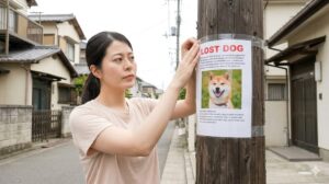 日本の住宅街の電柱に、迷子犬の情報を記載したラミネート加工済みポスターをテープで貼り付ける日本人女性。
