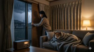 雨戸とカーテンを閉めてラジオをつける日本人女性と室内で休む犬――雷鳴時の音・光遮断対策のイメージ