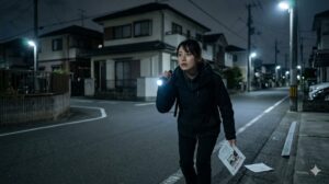 夜間に懐中電灯を持って迷子のペットを探す飼い主のイメージ