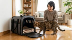 リビングに常設されたキャリーケースに自ら入る猫――花火・雷シーズン前の安心スペース作りのイメージ