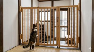 日本の住宅の玄関に設置された、高さのある木製の猫用脱走防止ハイタイプゲート。猫がジャンプしても飛び越えられない高さを強調している。 