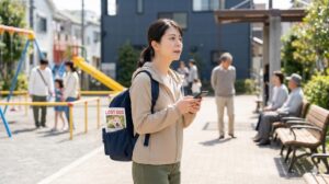 活発な迷子犬を探して、昼間の賑やかな日本の公園内を歩き回り、周囲を確認する日本人女性。