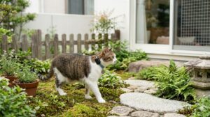 o GPSトラッカーが内蔵された首輪を着用した猫が、庭を歩いている様子。
