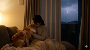 雷の音が鳴る夜、日本人女性が家の中で愛犬の柴犬を優しく抱きしめ、パニックを防ぐために落ち着かせている様子。