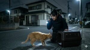 ペット探偵が迷子猫を発見しキャリーケースに誘導している場面のイメージ