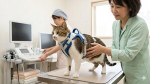 動物病院の診察台の上で、体にフィットしたダブルロックタイプのしっかりしたハーネスを着用している日本猫。