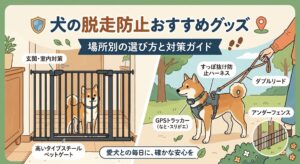 「犬の脱走防止おすすめグッズ」というタイトルの、温かみのあるイラスト調のアイキャッチ画像。画面は左右に分かれており、左側は室内・玄関対策として、玄関に設置された黒くて高いタイプのスチール製ペットゲートと、その向こうに座る柴犬が描かれています。ゲートには「玄関・室内対策」「高いタイプスチールペットゲート」というラベルがあります。右側は屋外・散歩対策として、ハーネスとリードをつけた柴犬と、リードを持つ人の手が描かれています。「すっぽ抜け防止ハーネス」「ダブルリード」「GPSトラッカー」というラベルに加え、庭のフェンスの足元に設置された「アンダーフェンス」の拡大図もあります。タイトル下には「場所別の選び方と対策ガイド」、下部には「愛犬との毎日に、確かな安心を」というテキストがあります。全体に緑、青、オレンジなどの優しい色が使われています。