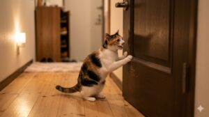 閉まったドアの前で鳴きながら前足で引っかく猫の様子
