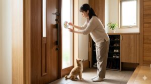 留守中のペット救助のため、玄関にペットレスキューステッカーを貼る日本人女性と小型犬