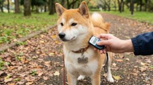 公園の小道で、マイクロチップを装着された柴犬の首元に、スキャンリーダーをかざして情報を読み取ろうとする様子。