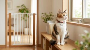 猫の脱走防止フェンスと、GPSタグ付きの首輪をつけた猫。家の中と万が一の対策が合わさった多重対策のイメージ。