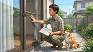 網戸とフェンスを点検する日本人男性と傍らの犬――花火・雷シーズン前の脱走経路チェックのイメージ