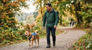 すっぽ抜け防止ハーネスとショルダーリードで散歩する犬と男性