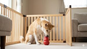 昼間の公園で、体にしっかりフィットするハーネスと首輪の両方にリードを繋いだ「ダブルリード」の状態で、日本人女性の飼い主と並んで歩く柴犬。脱走防止のための安全な散歩スタイル。