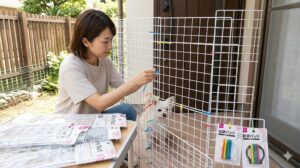 100均のワイヤーネットと結束バンドでDIY脱走防止フェンスを作る女性