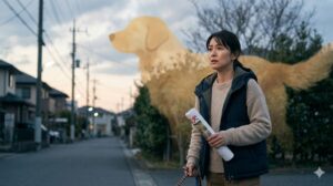 迷子犬のポスターと首輪を持ち、不安と決意の表情で夕暮れの日本の住宅街に立つ日本人女性。背景には、消えた愛犬の面影が幻影のように優しく浮かんでいる。