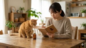 ペットの常備薬と健康管理ノートを非常袋用に準備する日本人女性と猫