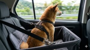o 窓の外の景色をじっと見つめる、活発そうな犬。ドライブボックスに入り、飛び出し防止リードで繋がれている。