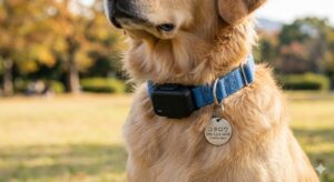 犬の首輪に装着されたGPSトラッカーと迷子札