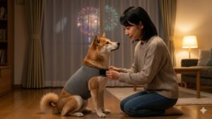 花火が始まる前にサンダーシャツを着せてもらう犬と日本人女性――着圧服による音恐怖症対策のイメージ