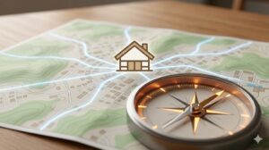 犬の帰巣本能の仕組みを象徴するイメージ。地図と、そこから家（巣）へ向かう犬のシルエット