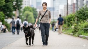 両手が自由になるハンズフリーのショルダーリード（肩掛けリード）を着用し、安定して犬をコントロールしながら散歩する日本人女性。