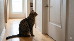 ドアのレバーハンドルをじっと見つめて観察している室内猫
