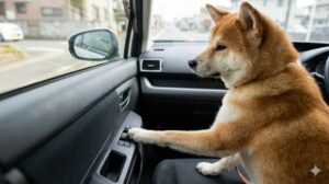 o 助手席に座る犬の足が、パワーウィンドウのスイッチの近くにある。誤操作による窓の開閉と脱走のリスクを表現。