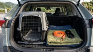 o 車のラゲッジスペースに積まれた、頑丈な犬用キャリーケースと捜索用のバスタオル、予備のリード。