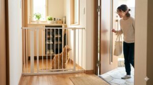 玄関の廊下に設置した猫用ペットゲート越しに外を眺める室内猫