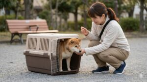 夕暮れの日本の公園で、発見した迷子犬を安全に保護するために、おやつを使ってキャリーケースへ優しく誘導する日本人女性。