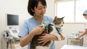 動物病院で、獣医師が猫の背中にマイクロチップリーダーをかざして情報を読み取っている様子。猫は安心して獣医師に抱かれている。