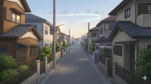 日本の一般的な住宅街の風景。犬が迷子になった際に自力で戻れる可能性がある「数キロメートル」の範囲をイメージ