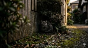 植木の根元に隠れる脱走した猫｜室内飼いの猫がパニックになって動けない様子