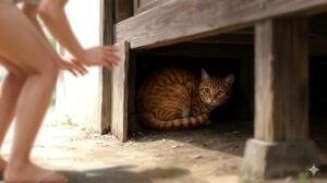 脱走後に床下に潜み人前に出てこない迷子猫のイメージ