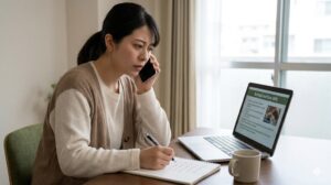 自宅のデスクで、メモとノートパソコンを見ながら、心配そうな表情で保健所に電話連絡を入れる日本人女性。