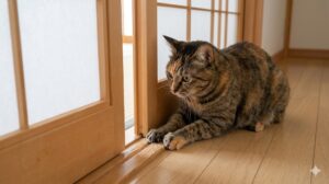 引き戸の隙間に爪を入れてスライドドアを開けようとしている猫