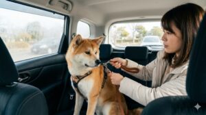o 停車後の車内で、日本人の飼い主が犬のハーネスにリードを装着し、持ち手をしっかり握ってからドアを開けようとする様子。