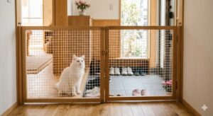 玄関に設置された脱走防止ゲートと白い猫｜物理的な脱走防止対策の例