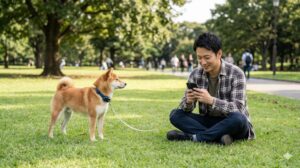 o 公園の芝生の上で、スマートフォンを確認しながら愛犬（柴犬）を見守る日本人男性。犬の首輪にはGPS端末が装着されている。