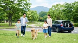 o 安全対策を万全にして車で移動し、緑豊かな公園に到着した日本人の家族と犬。笑顔で楽しそうに過ごしている。