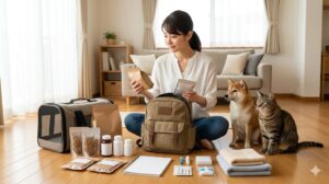 年2回の見直しチェックとしてペット用非常持ち出し袋の中身を確認する日本人女性と犬・猫
