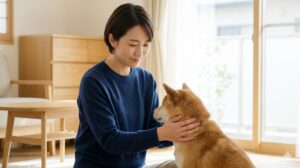 リビングで愛犬の柴犬を優しくなだめる日本人女性の飼い主「まもる」。落ち着いた環境で犬が安心している様子。