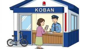日本の交番にて、不安そうな日本人女性が警察官に迷子になった柴犬の写真を見せながら、遺失物届の手続きを行っている