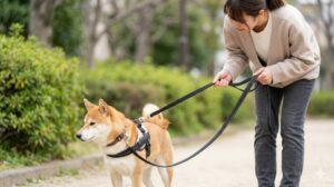 室内で、日本人女性の飼い主が手を広げ、優しい笑顔で柴犬に向かってハンドサイン（手信号）を送っている。犬は飼い主のサインに反応し、反射的に足を止めている様子。